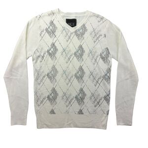 BKE Sweater Men's Medium Grey White Argyle Long Sleeve V-Neck Stretch Top Buckle